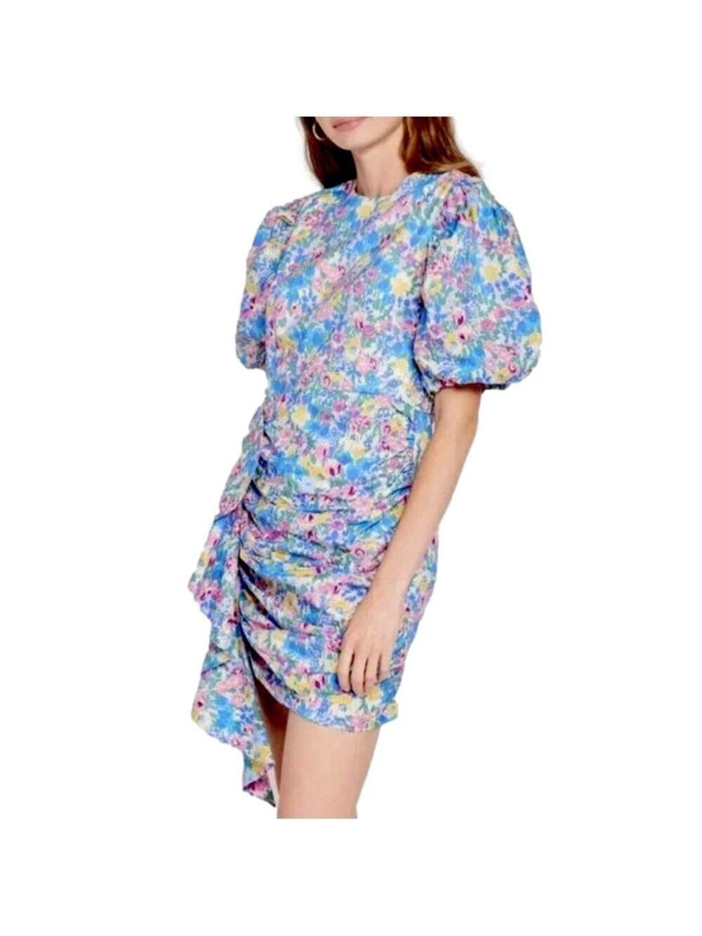 En Saison Floral Mini Dress Puffed Statement Sleeve Ruching Ruffle Cotton Small